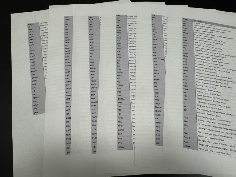 Long list of stocks held in one investment portfolio.