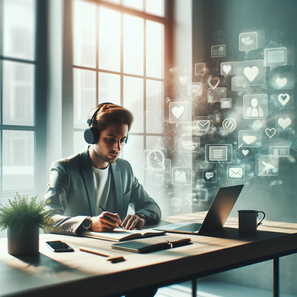 A modern office scene with an entrepreneur sitting at a clean and organized desk, deeply focused on their work despite various distractions.