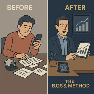 A business owner before working with Life Moves Wealth holding a calculator and scattered papers; and after working with Life Moves Wealth showing everything organized and working together.