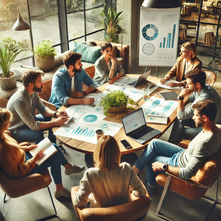 Management team sitting around a table discussing business strategy