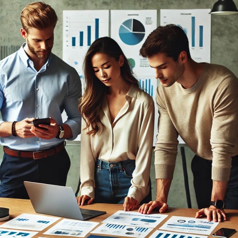 A business casual setting with three business owners standing over a table, looking at documents. The owners are dressed in casual business attire.