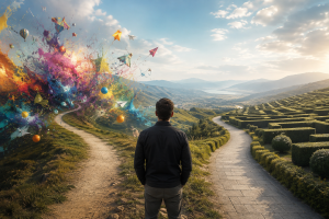 A man standing between two paths, the divergent thinking is colorful and shows lots of possibilities, while the convergent shows defined hedges trimmed in perfect lines.
