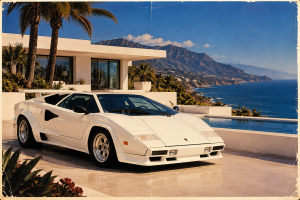 Retro poster with a white Lamborghini parked outside of a coastal mansion with mountains in teh background