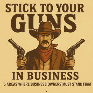 Cowboy with dual six-shooters drawn with the caption Stick to Your Guns In business.