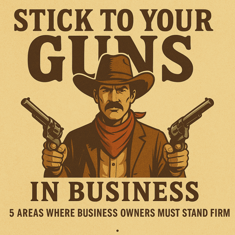 Cowboy with dual six-shooters drawn with the caption Stick to Your Guns In business.