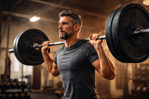 Weight lifter with shoulder press weights.