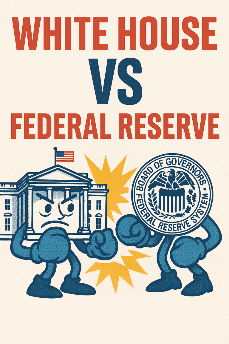 Should the fed cut interest rates? Image of an animated White House with boxing gloves facing off against an animated Federal Reserve logo with boxing gloves.