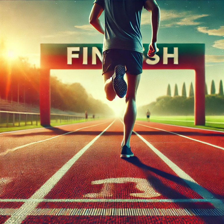 runner with finish line in the distance